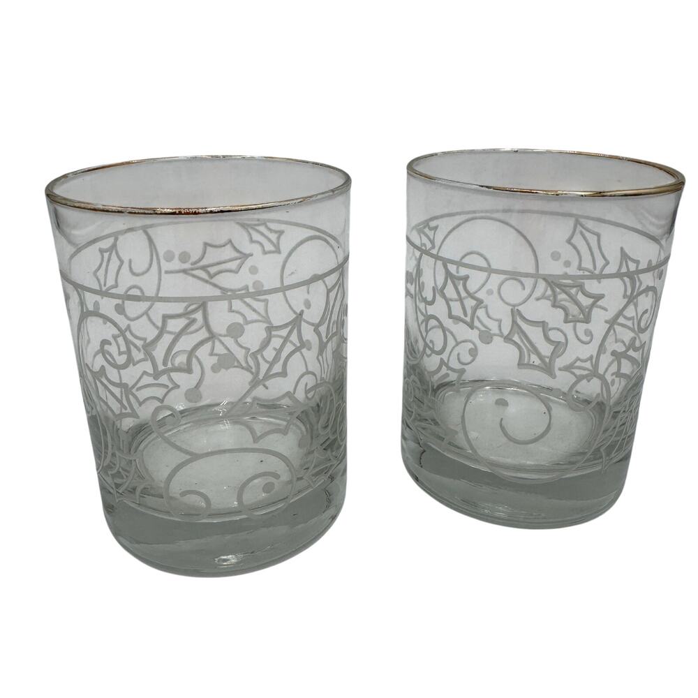 Vtg Libbey DOF Glasses Clear White Holly Gold Rim Rocks Double Old Fashoned S/2